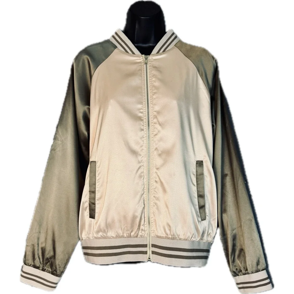 Hem &‎ Thread Bomber Zip Jacket Medium Pink Brown Colorblock Satin Raglan Sleeve